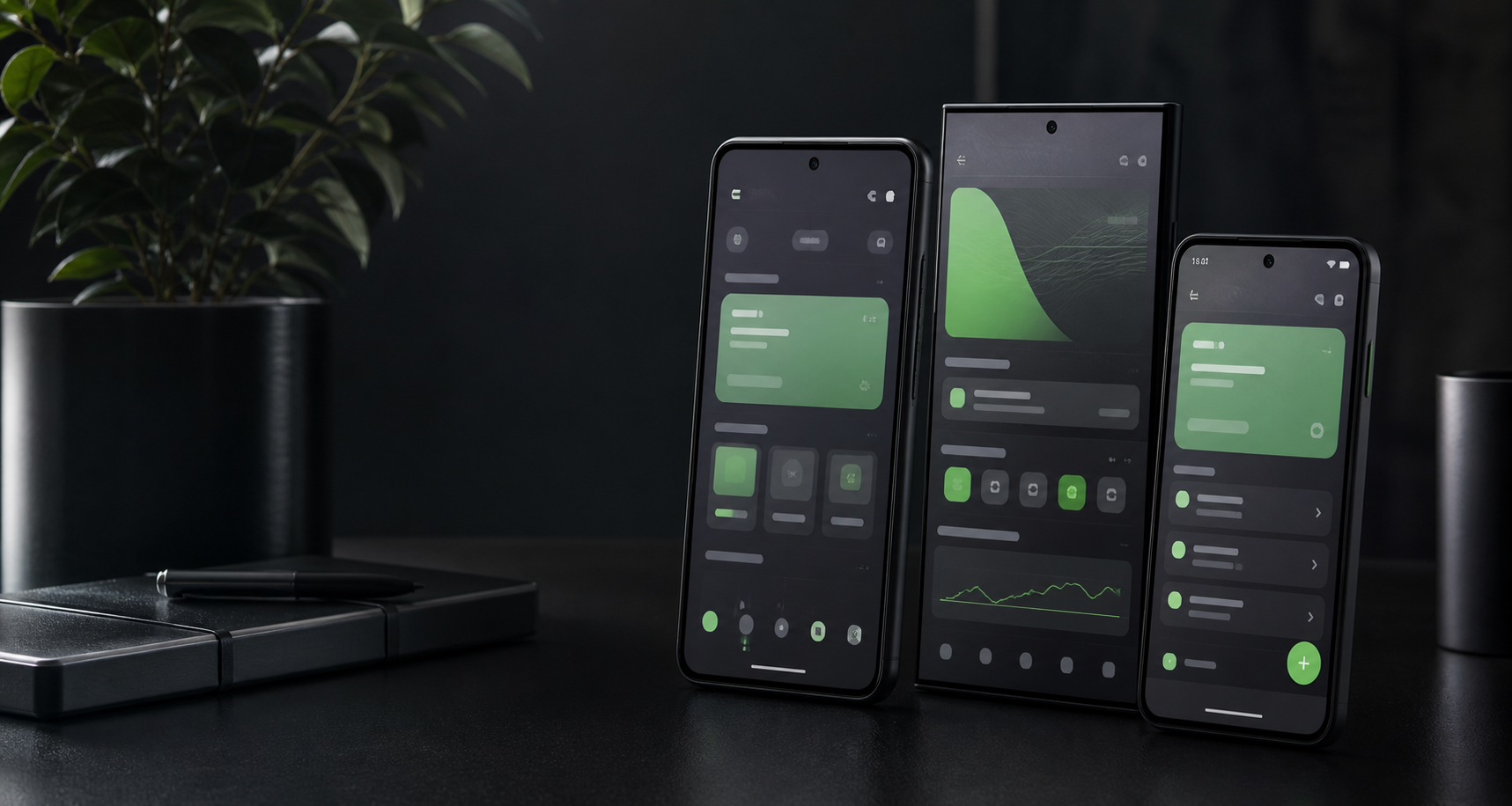 Android-style mobile devices showing abstract app interfaces