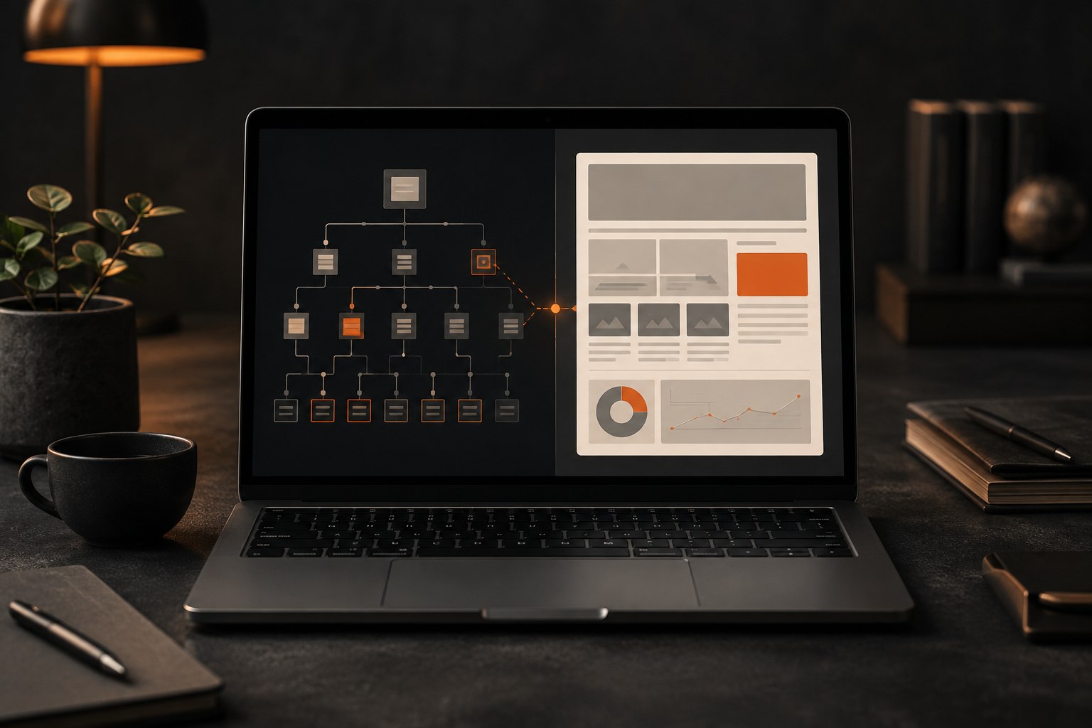 Technical site architecture and on-page SEO shown together on a laptop
